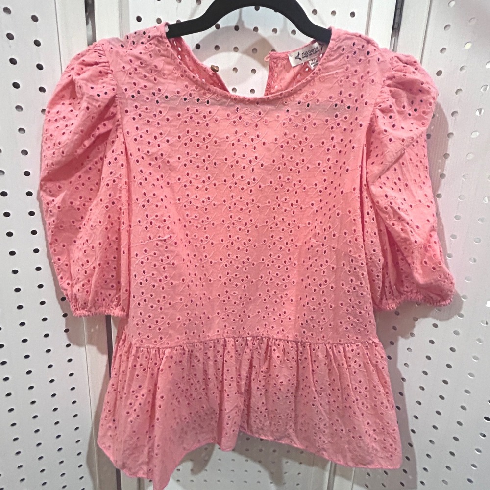NEW $80 Nanette Lepore Pink Eyelet Cotton Puff Sleeve Peplum Top Blouse XS